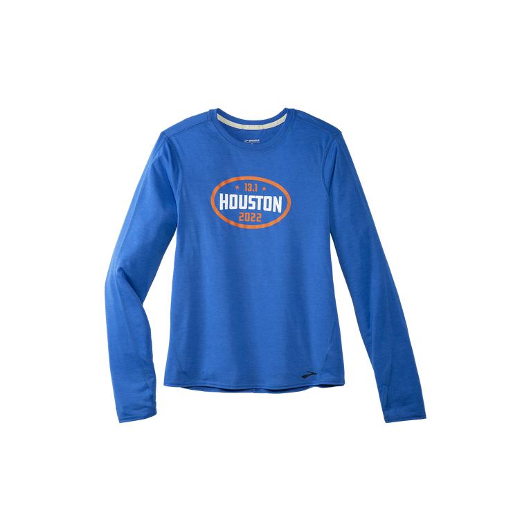 Brooks Women's HOUSTON22 DISTANCE GRAPHIC LS Long Sleeve Running Shirt - Heather Bluetiful/13.1 Hous